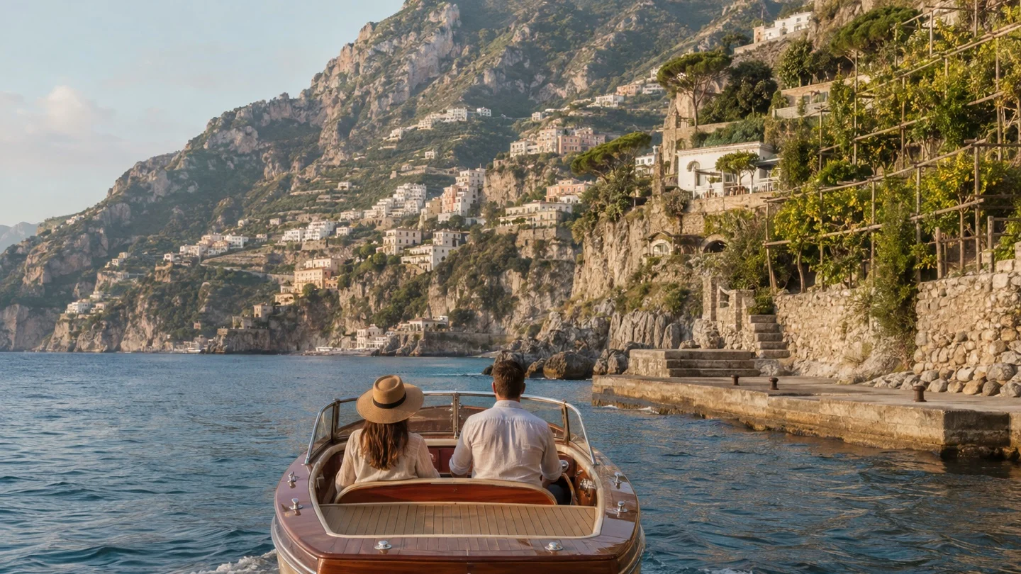 Travelers arriving by boat below terraced villages on the Amalfi Coast
