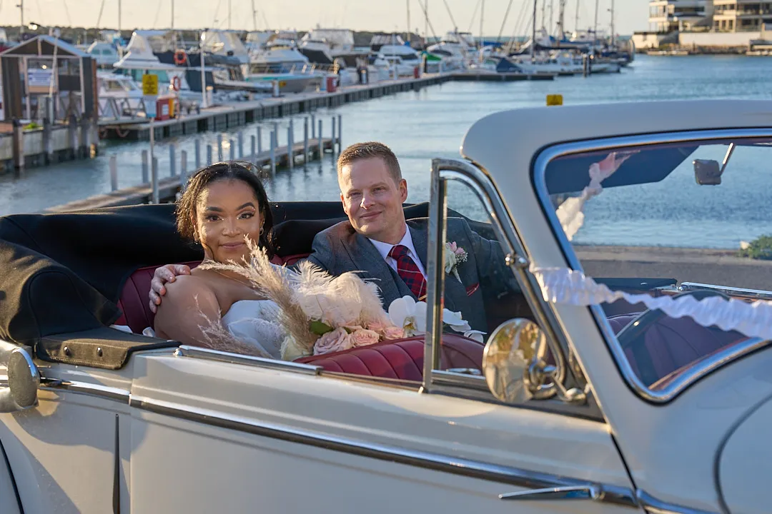 Classic Jaguar convertible wedding car by the marina, limo hire Mandurah