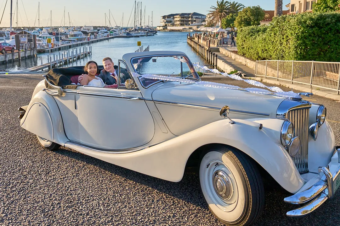 Classic Jaguar convertible wedding car in Perth
