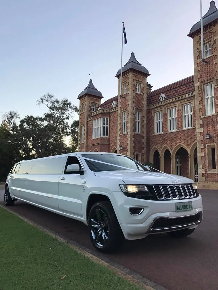 White Jeep stretch limousine outside Government House, Perth