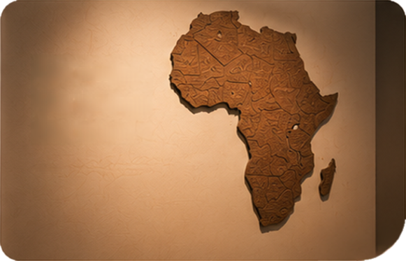 Wooden wall art sculpture depicting the map of Africa with engraved patterns.
