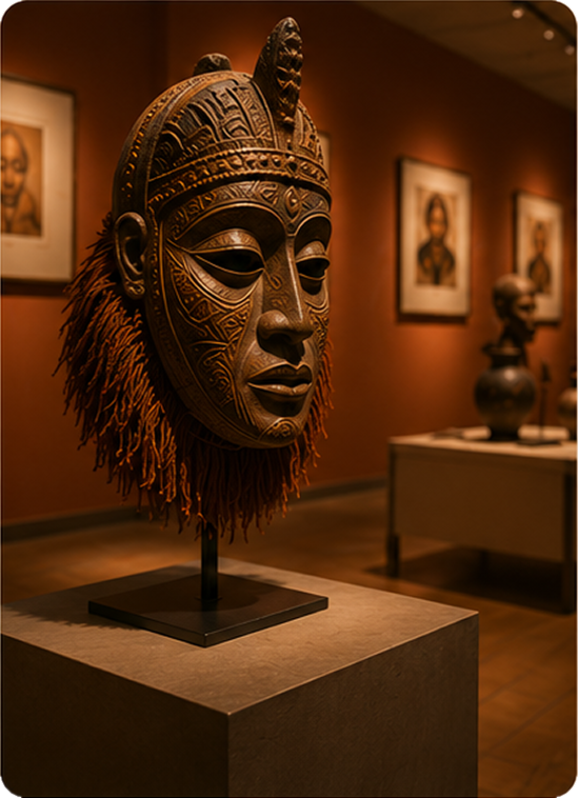 Ornate wooden tribal mask with detailed carvings and red fringe displayed in a dimly lit museum gallery.
