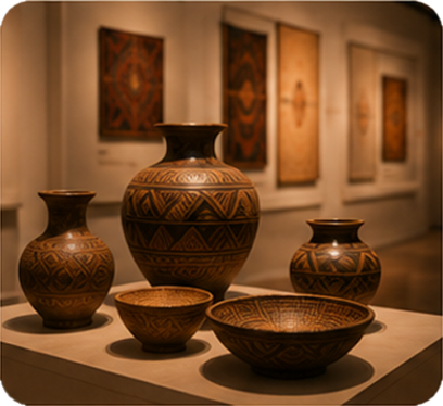 Five ceramic vessels with geometric patterns displayed on a pedestal in an art gallery.