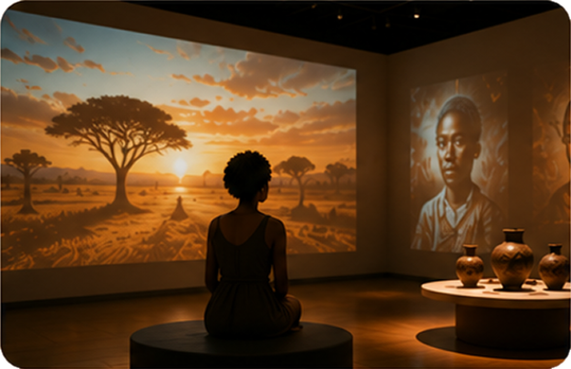 Woman sitting on a round bench viewing projected African landscape and portrait in an art gallery.