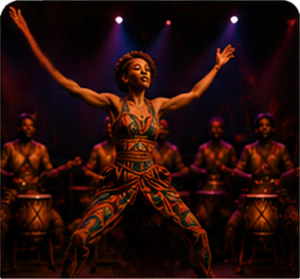 Dancer in colorful tribal outfit performs with drummers on stage under purple-red lights.