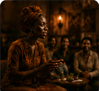 Woman in patterned headwrap and dress speaking to three smiling people sitting around a table.