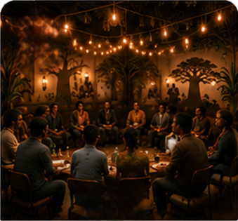 Group of people sitting in a circle indoors with warm string lights and tree murals on walls.