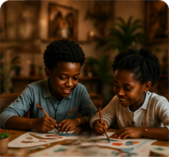 Two children happily painting and drawing together at a table indoors.