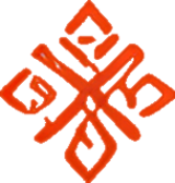 Abstract symmetrical red geometric symbol with four diamond shapes connected by a central cross.