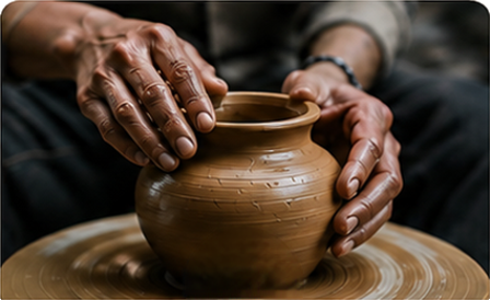 Hands shaping a clay pot on a pottery wheel during the pottery making process.