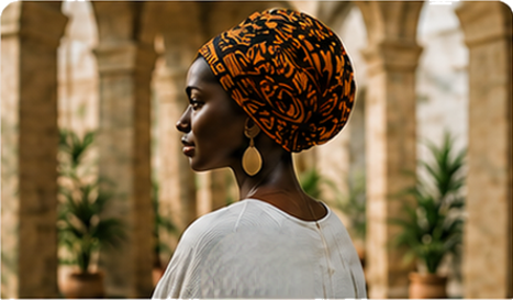 Profile of woman in orange patterned headwrap and white garment standing in decorative stone archway.