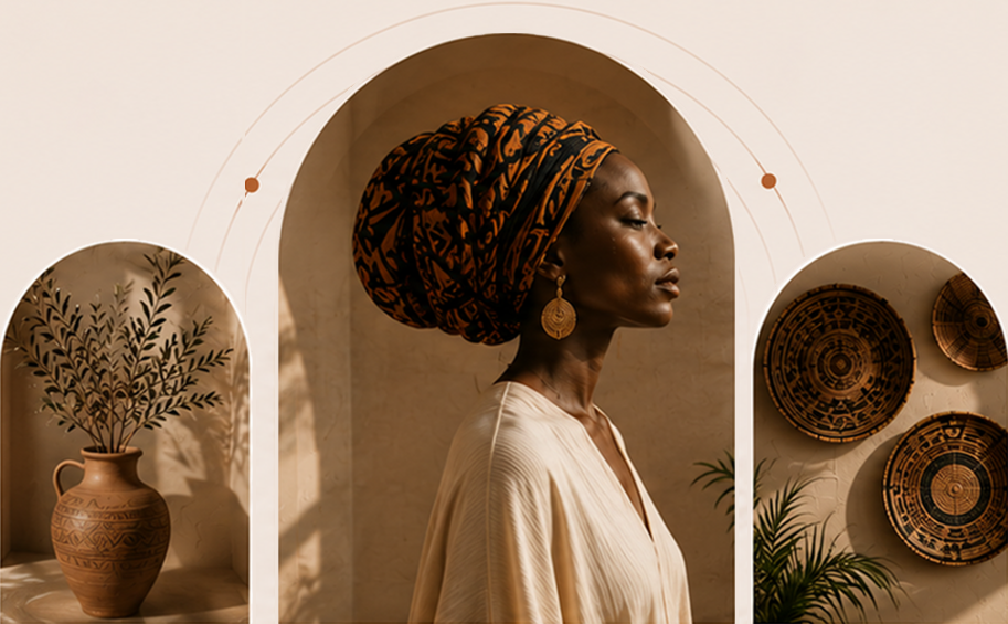 Profile of a woman in patterned headwrap and white dress between arches with a vase and decorative baskets.