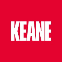 KEANE band logo with white text on a red background.