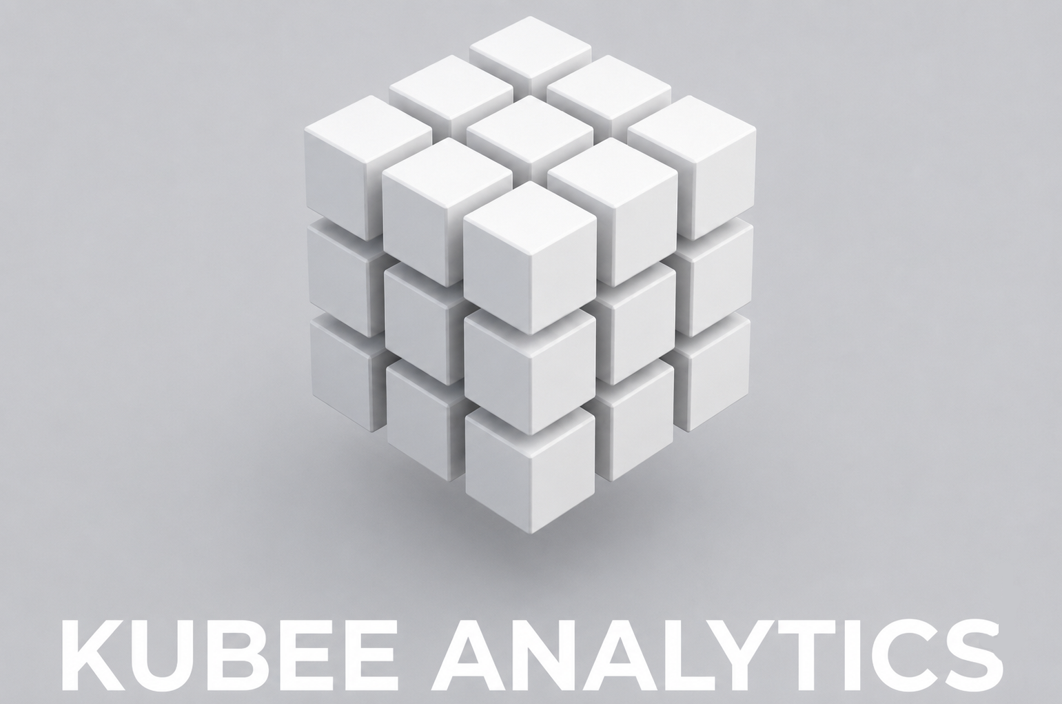 Three-dimensional white cube made of smaller cubes over text 'KUBEE ANALYTICS' on gray background.