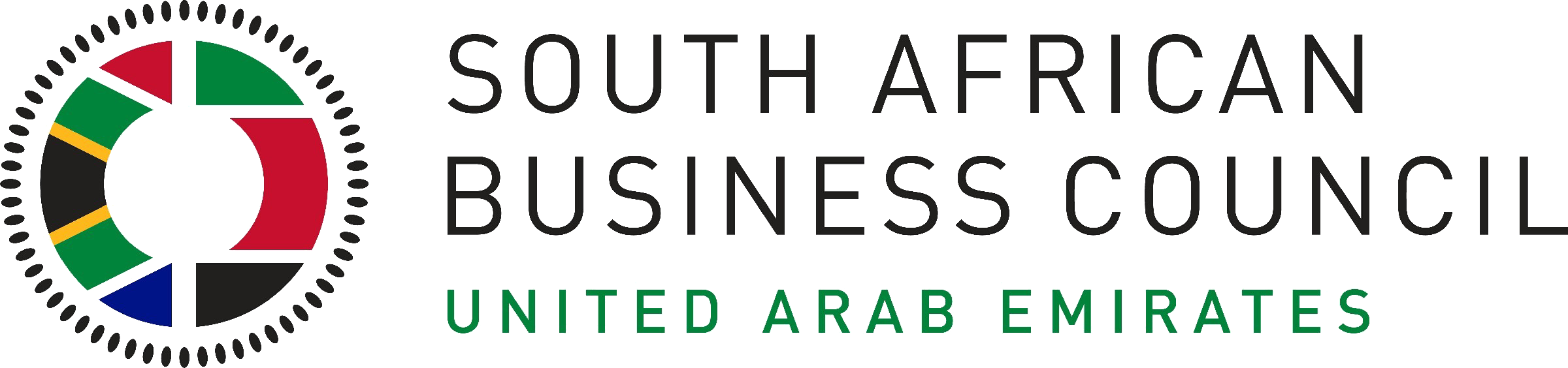 Logo of the South African Business Council United Arab Emirates with a circular multicolor design.