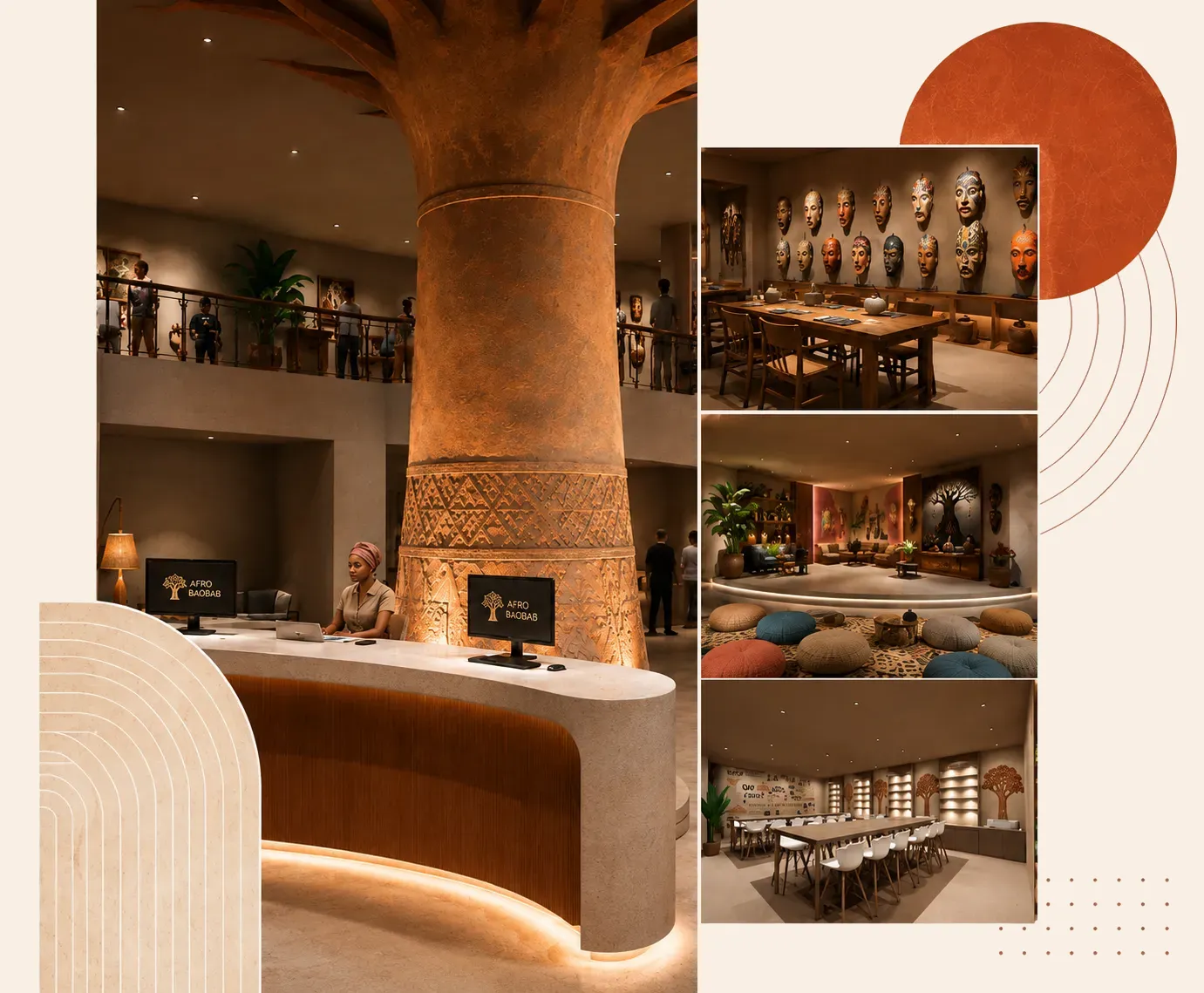 Modern Afro Baobab interior with carved pillar, reception, mask display, lounge, and conference room.