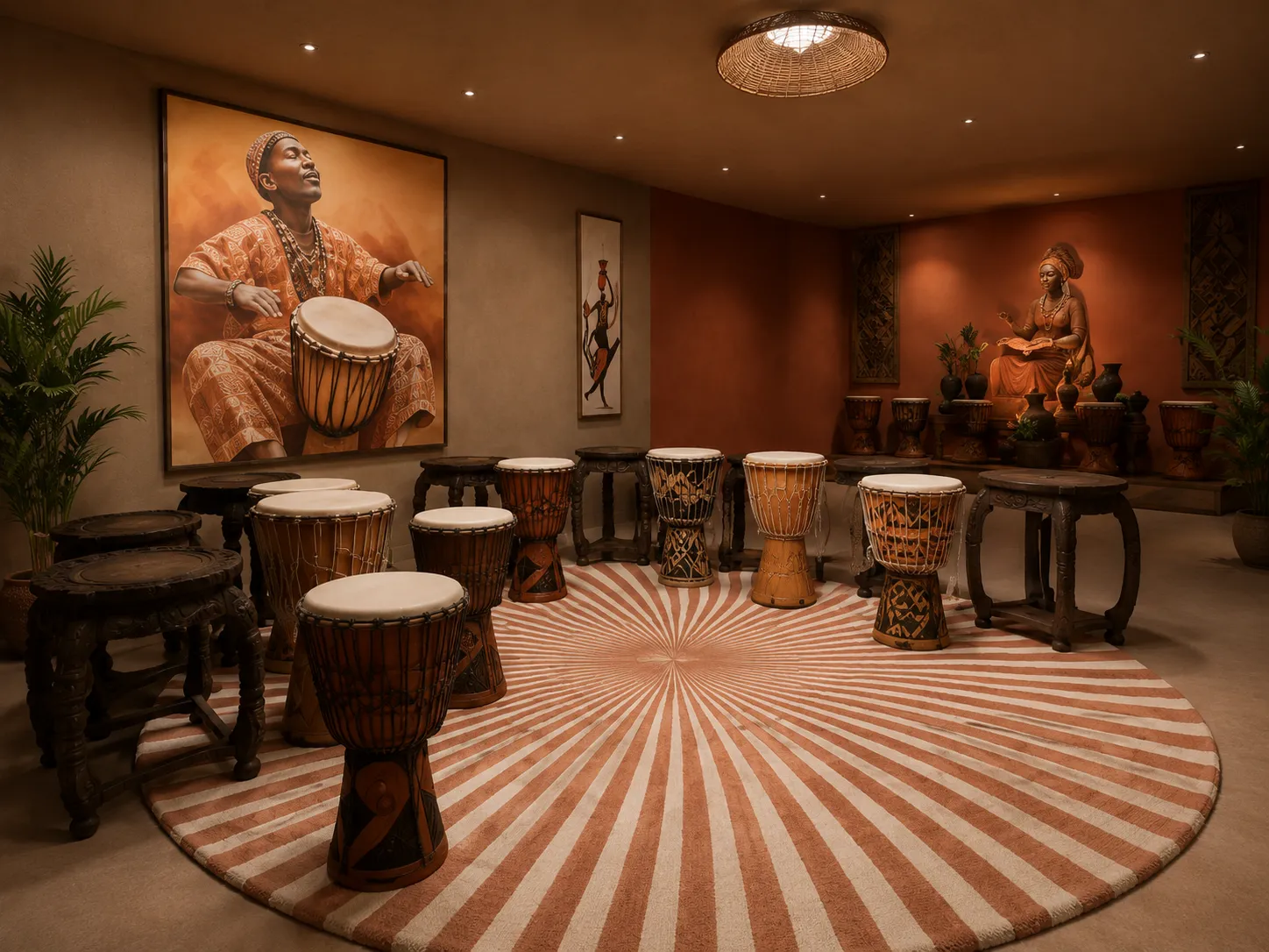 Circle of African drums and stools on a round patterned rug in a warmly lit cultural room.