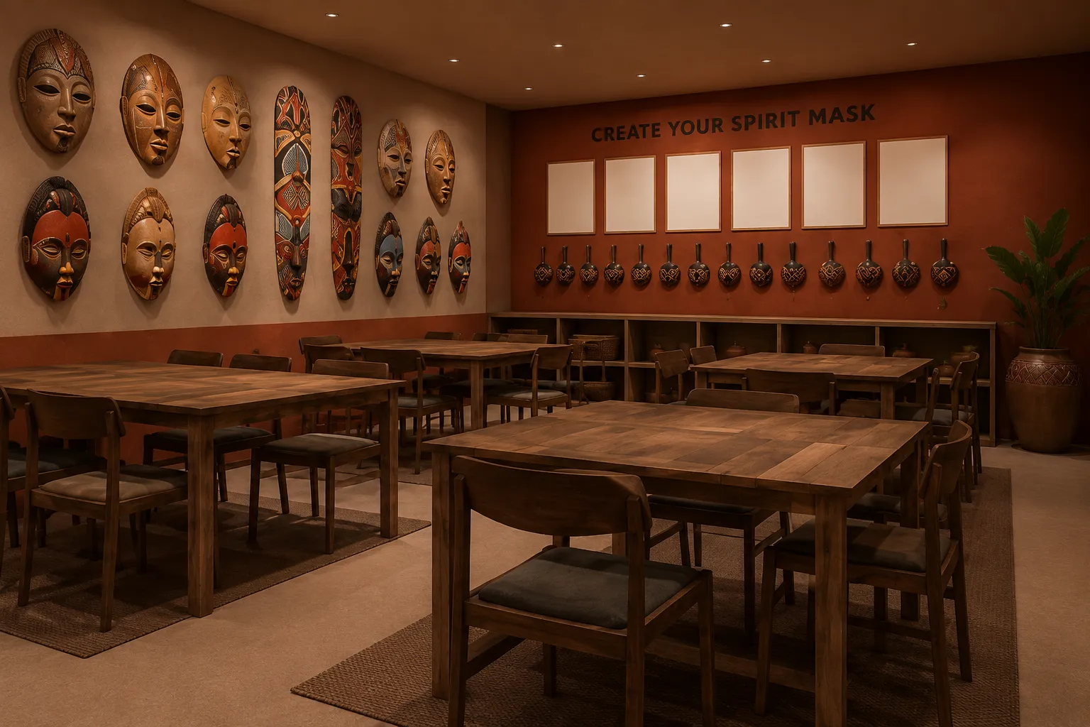 Room with wooden tables and chairs, tribal masks on walls, and sign reading Create Your Spirit Mask.