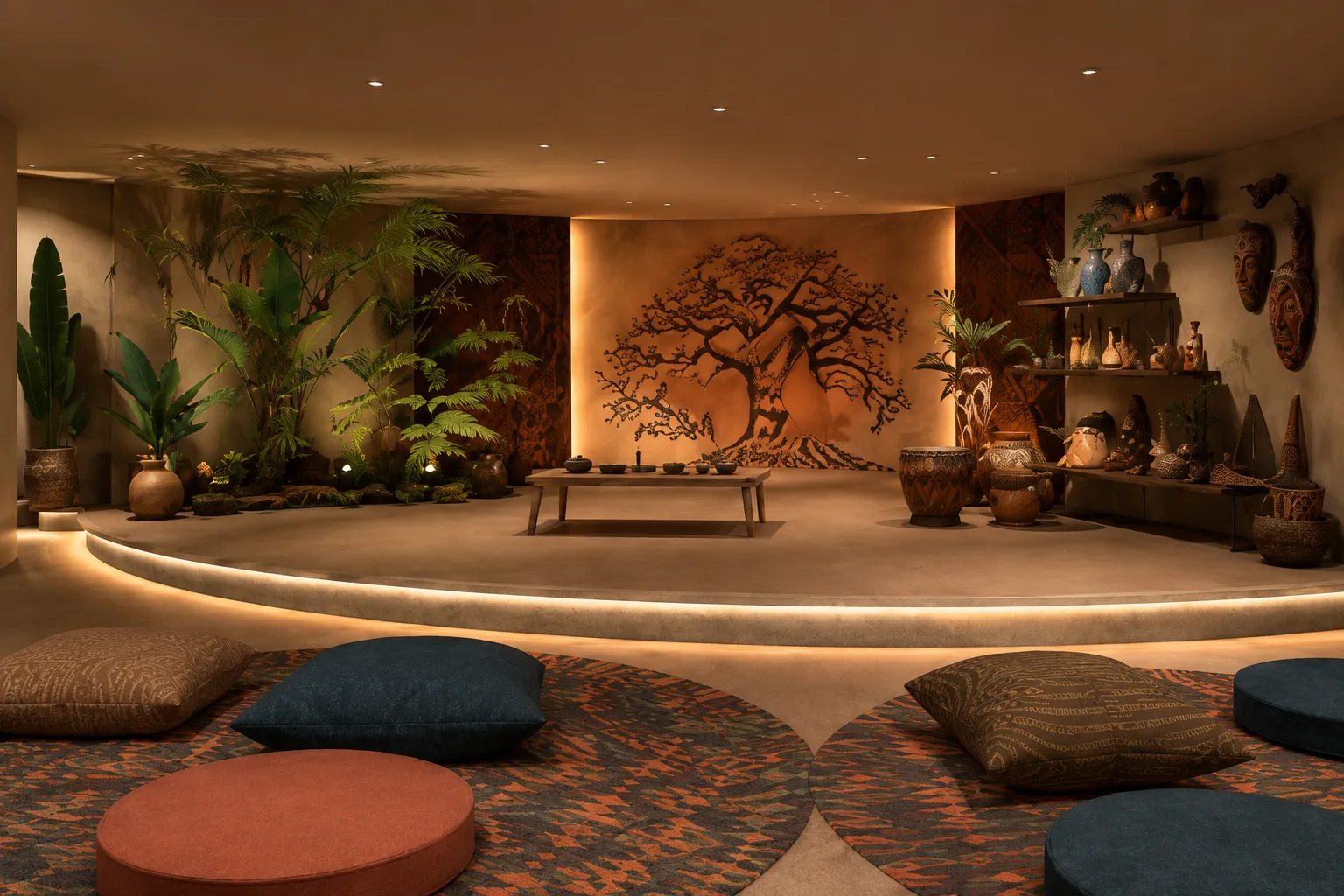 Warmly lit room with cushions, patterned rugs, potted plants, a low table, and a tree mural on the wall.