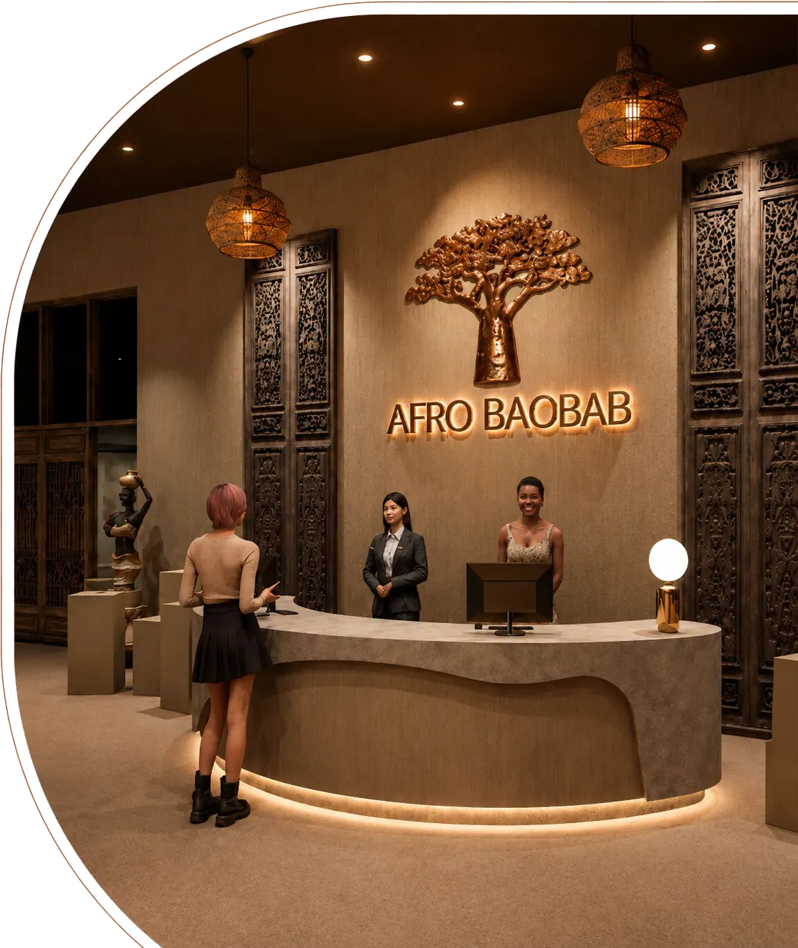 Reception area at Afro Baobab with two staff behind desk and a visitor standing in front.