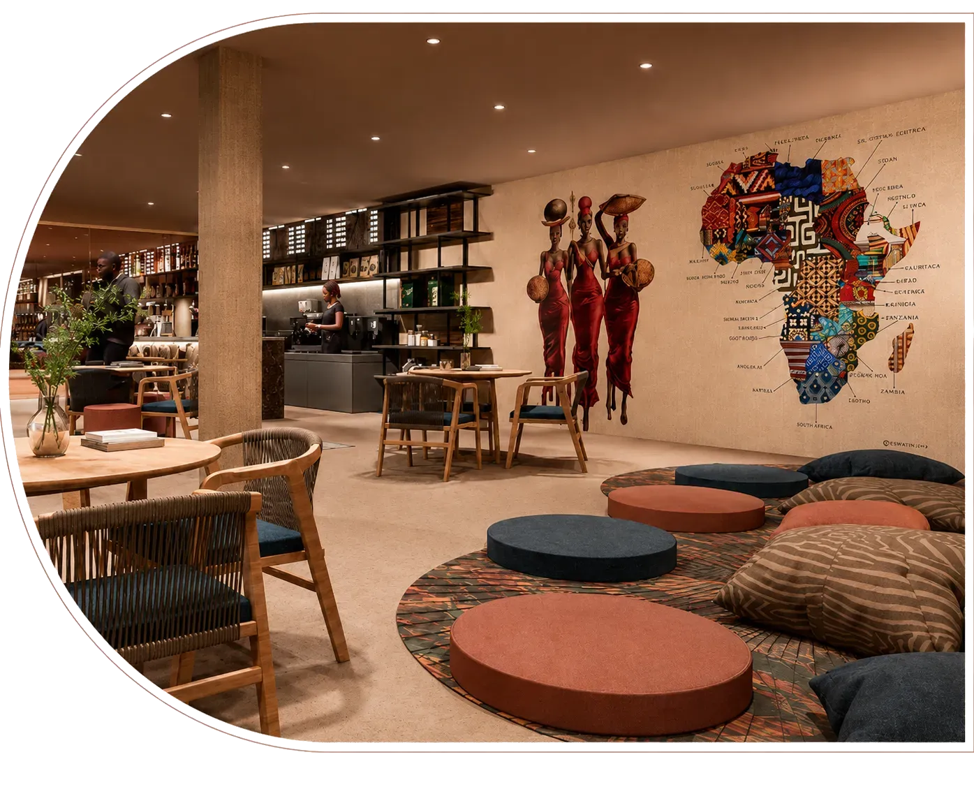 Cozy cafe interior with wooden tables, chairs, colorful cushions, and a wall mural of African women and map.