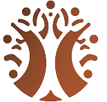 Brown symmetrical floral emblem with circular and leaf-like shapes on white background.
