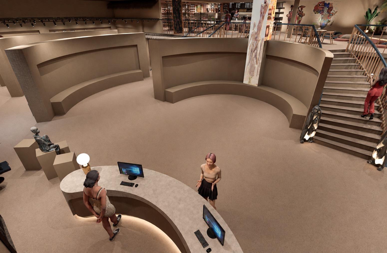 Curved beige walls in a museum gallery showcasing tribal statues and artifacts along the walls.