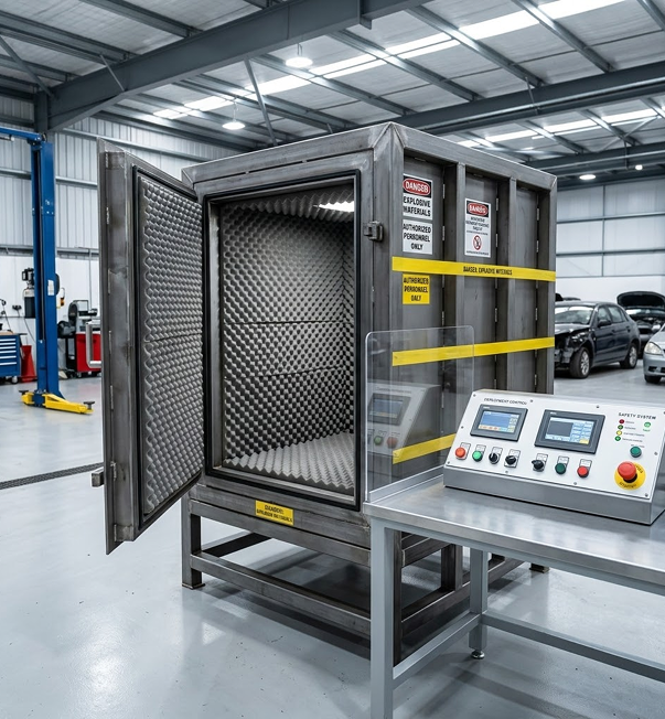 Open industrial explosion-proof safety cabinet with control panel in a clean factory setting.
