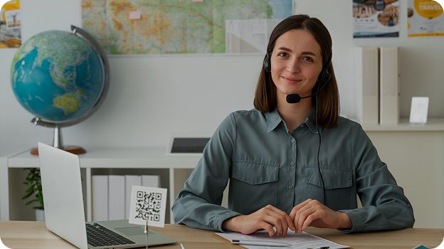 Smiling woman wearing headset sits at desk with laptop, clipboard, globe, and map on wall behind.