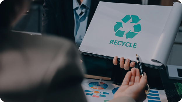 Person shows a notebook page with a green recycling symbol and the word RECYCLE.