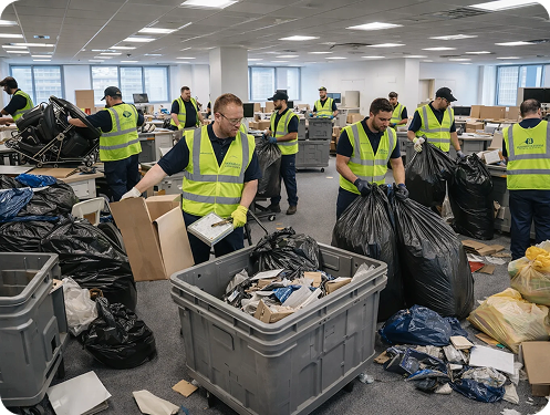 Workers in yellow safety vests cleaning an office space, collecting trash in black bags and bins.