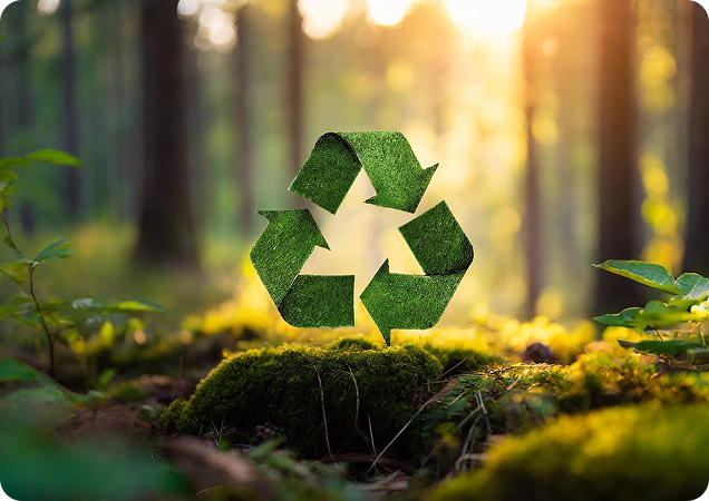 Green recycling symbol made of grass on mossy ground in a sunlit forest setting.