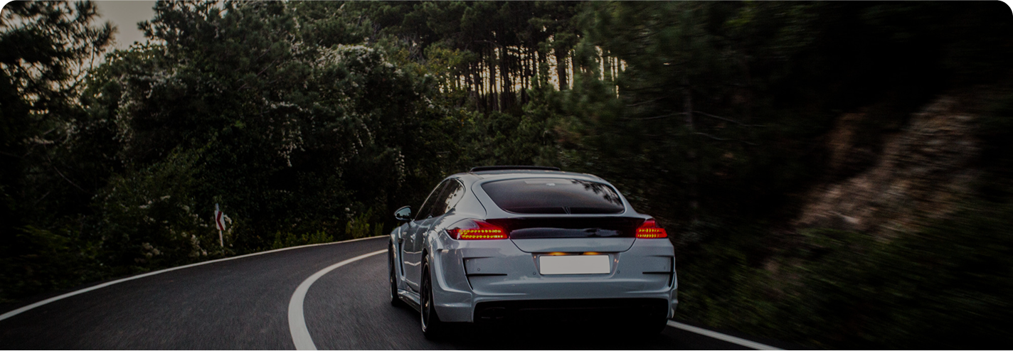 Silver car driving on a curvy road surrounded by dense trees and greenery.