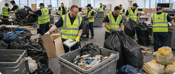 Workers in yellow vests sorting and packing large black trash bags and recyclables indoors.