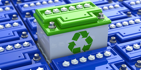 Green and gray recyclable battery surrounded by blue batteries with white caps.