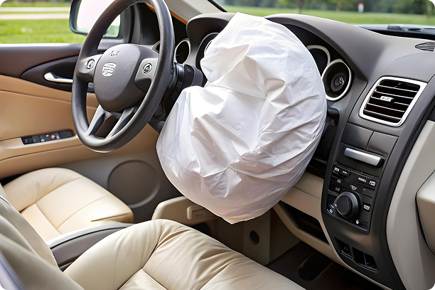 Deployed airbag inside a beige leather car interior with steering wheel and dashboard.