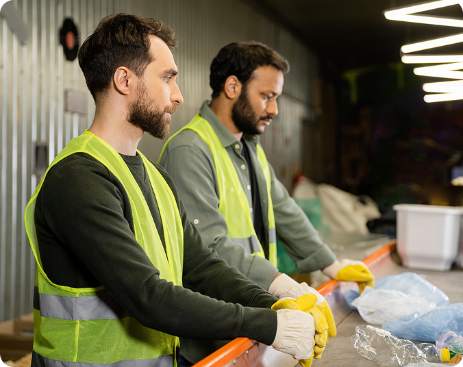 Two workers in yellow safety vests handling waste on a conveyor belt at a recycling facility.
