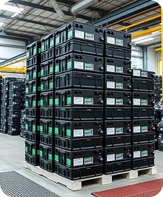 Stacked black storage containers with labels on wooden pallets in a warehouse.