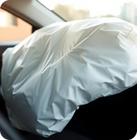 Deflated driver-side airbag deployed inside a car with beige interior in daylight.