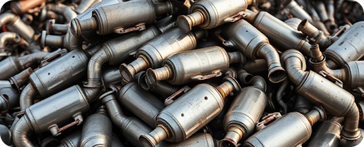 Pile of used catalytic converters made of metal with pipes and connectors.