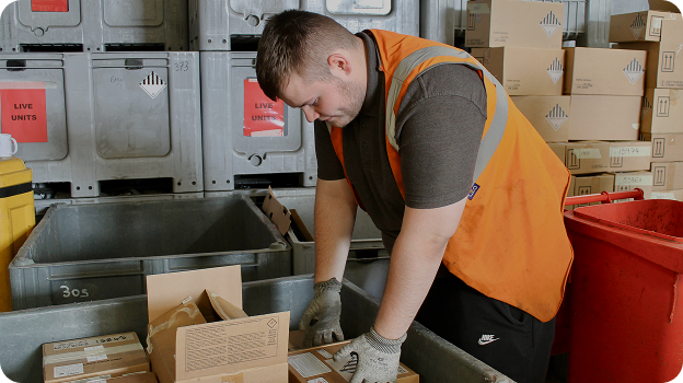 Worker in orange safety vest sorting packages inside large storage bins in a shipping area.
