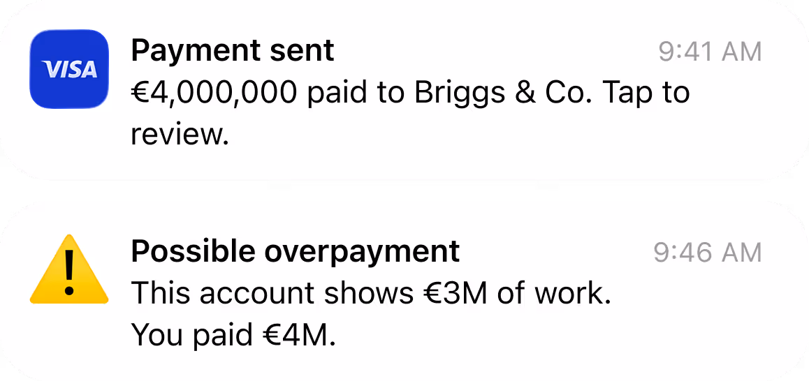 Two payment notifications: one confirms €4M sent to Briggs & Co; the other warns of possible overpayment.
