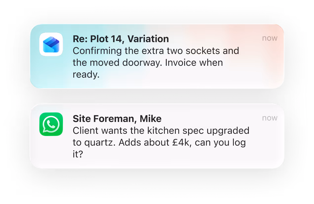 Two message notifications: one about extra sockets and moved doorway, another about kitchen upgrade costing £4k.