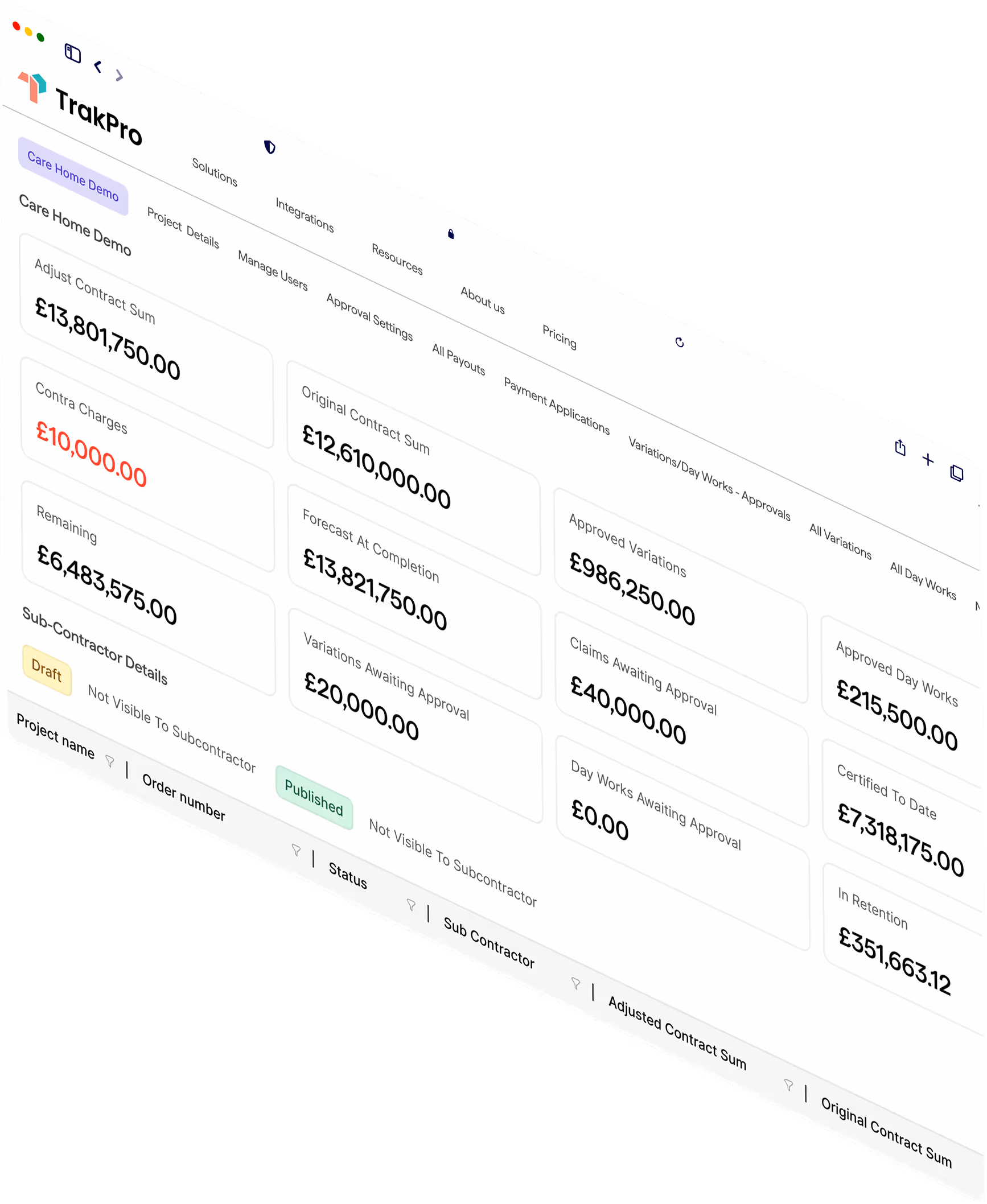 TrakPro dashboard showing contract sums, charges, approvals, and project financial details in British pounds.