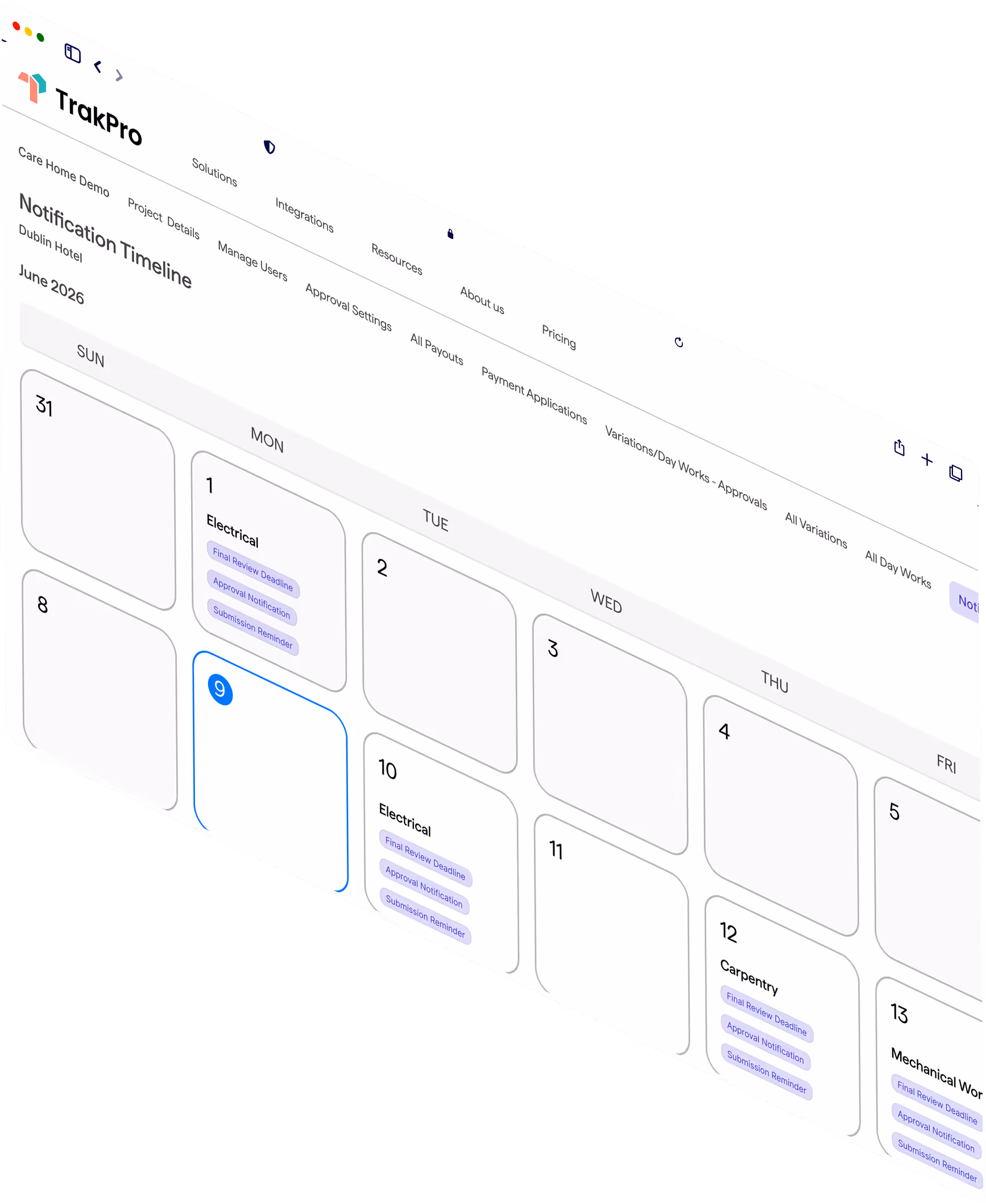Calendar showing a notification timeline in June 2026 with events for Electrical, Carpentry, and Mechanical Work.