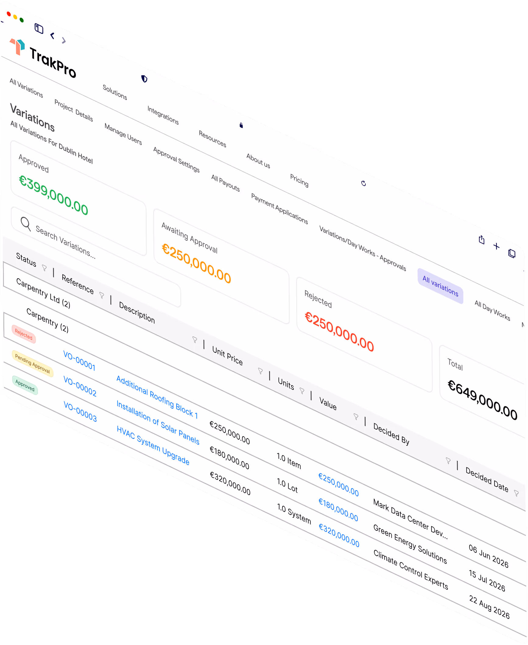 Dashboard showing approved, awaiting approval, rejected variation amounts and a detailed carpentry project list.