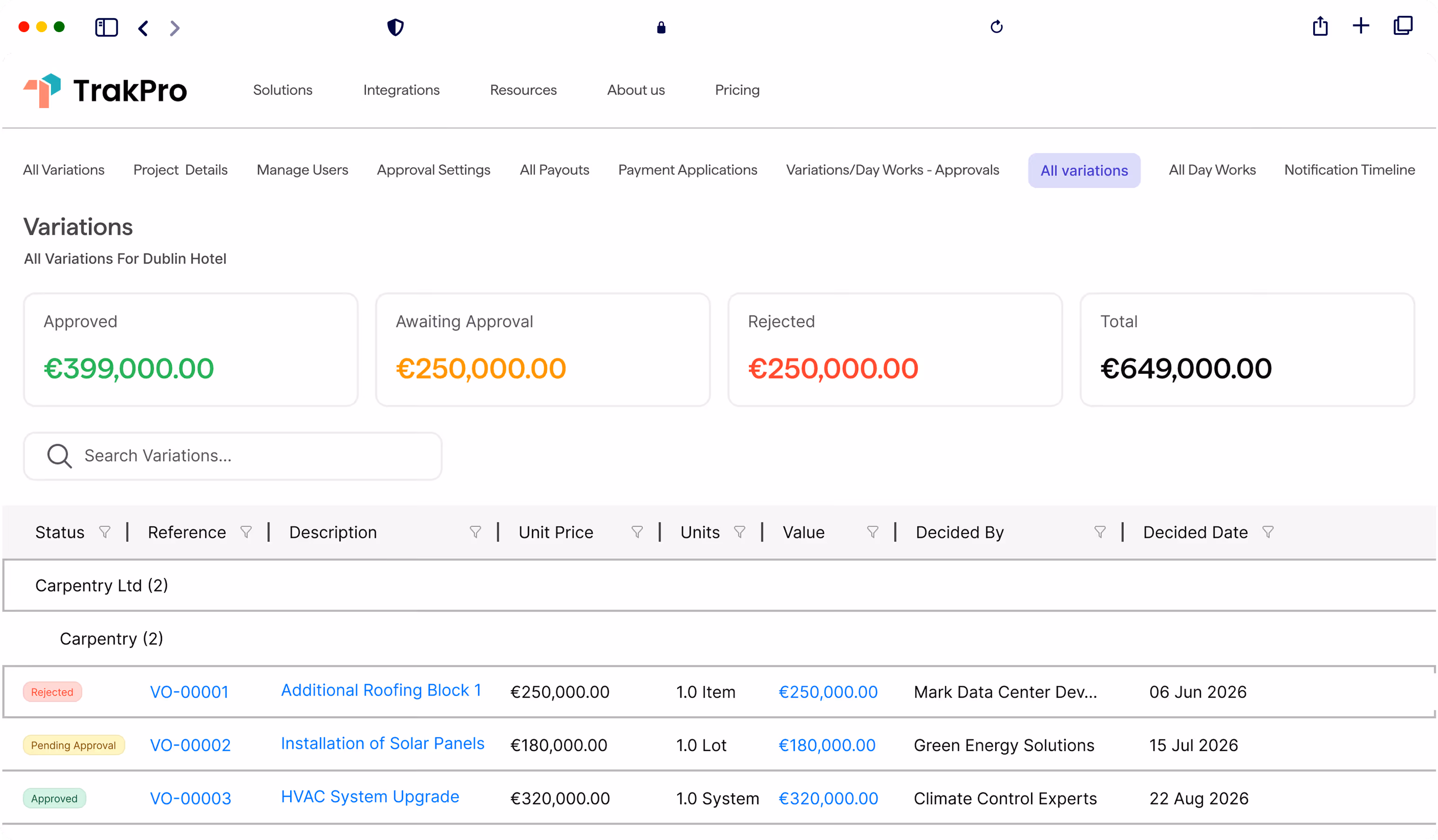 TrakPro project dashboard showing variations status and values for Dublin Hotel in a table format.