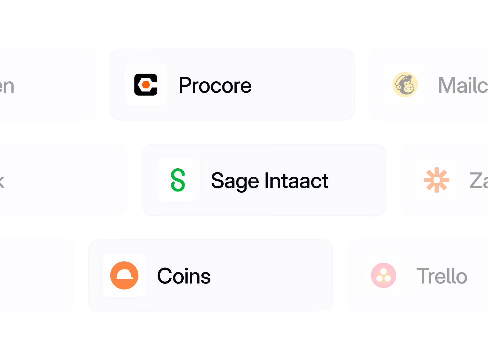 Icons and names of business software including Procore, Mailchimp, Sage Intaact, Zapier, Coins, Trello.