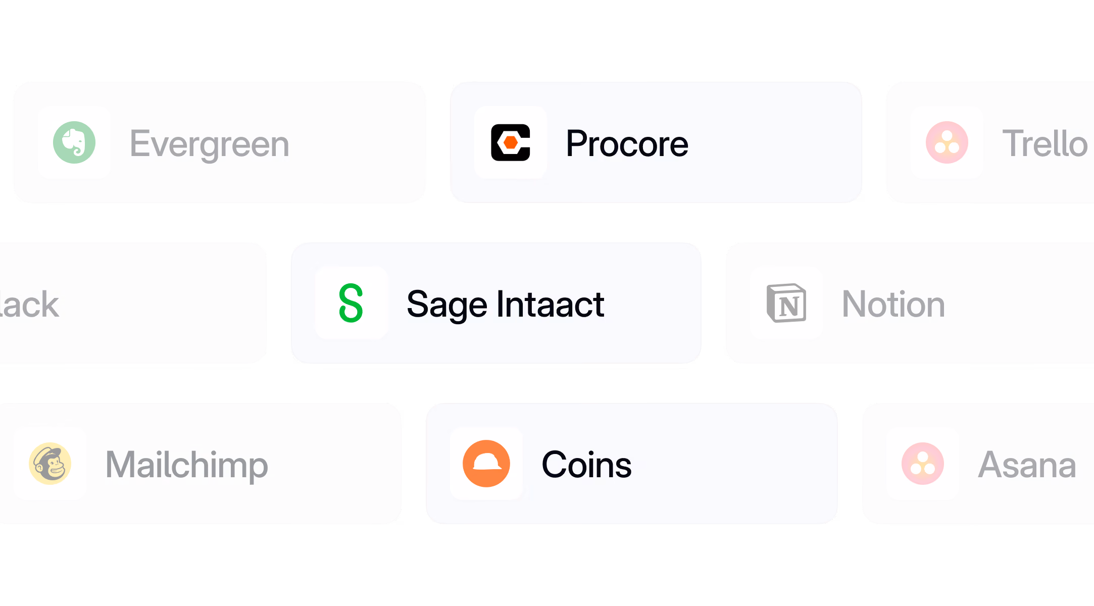 Grid of app logos and names including Evergreen, Procore, Trello, Sage Intaact, Notion, Mailchimp, Coins, and Asana.