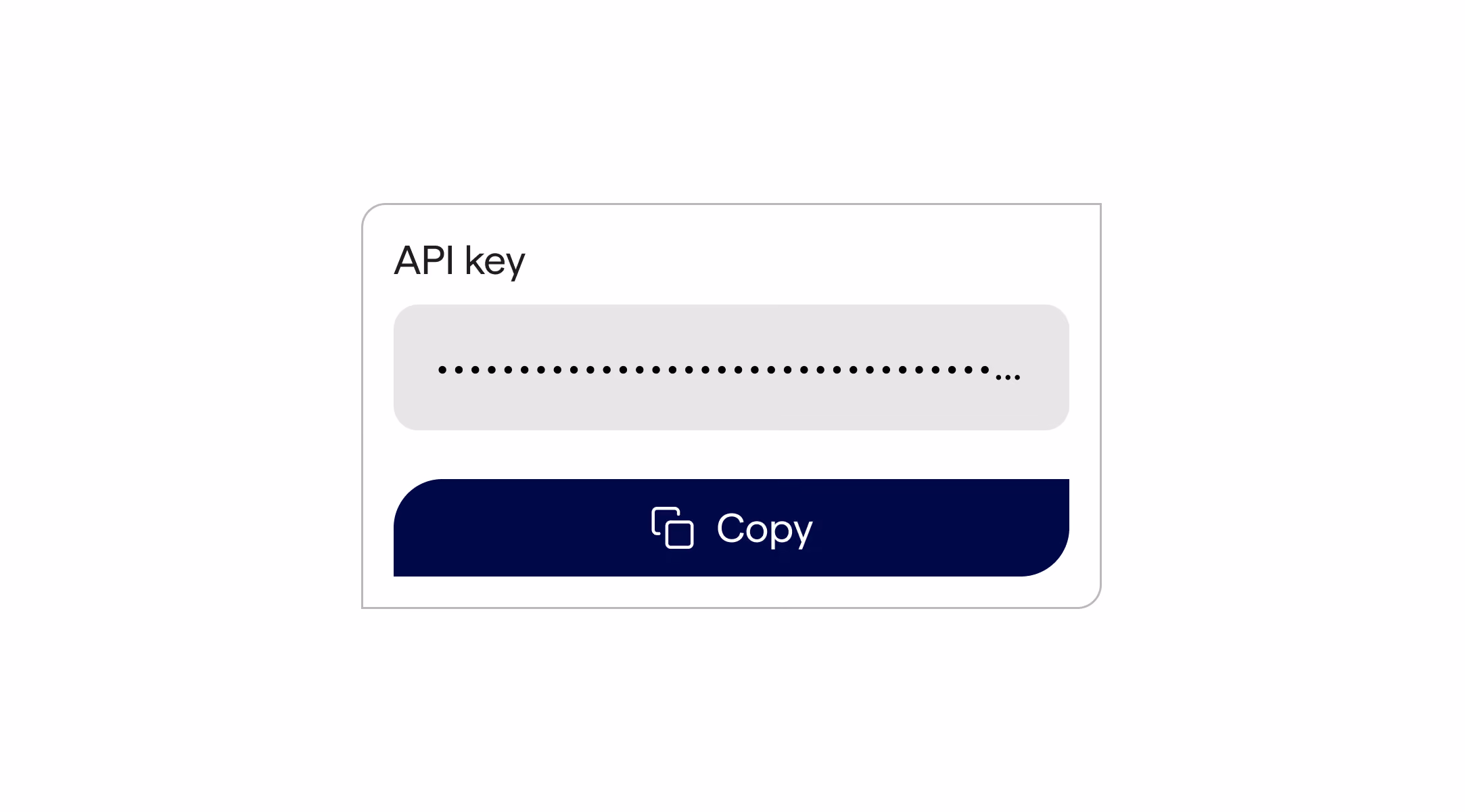 API key input field masked with dots and a dark blue copy button below it.